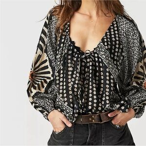 Free People Elena Printed Top - Bohemian Black and White Women's Top